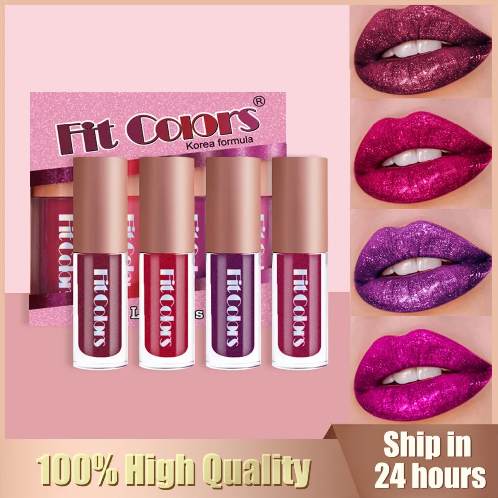 

4Pcs-Set Metallic No-stick Cup Lip Gloss Pearly Diamond Fine Glitter Matte Moisturizing Waterproof Lip Glaze Liquid Lipstick Kit