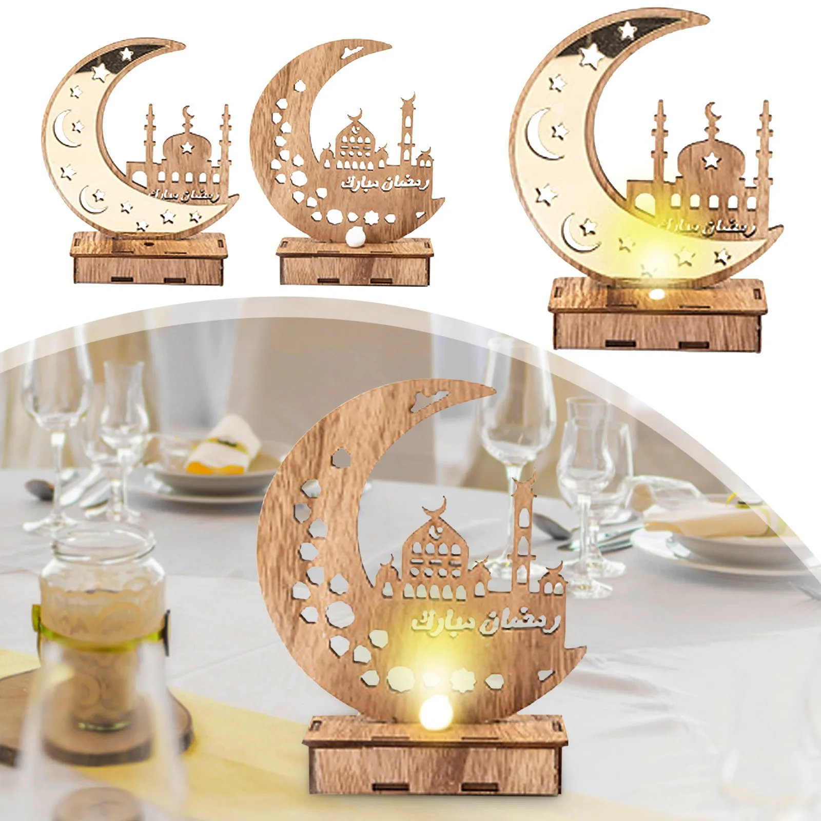 EID Mubarak Wooden Ornament Moon Shaped Ramadan LED Night Light For Home Islamic Muslim Party Decor Gifts Abaya AL Adha Kareem 
EID Mubarak Wooden Ornament Moon Shaped Ramadan LED Night Light For Home Islamic Muslim Party Decor Gifts Abaya AL Adha Kareem