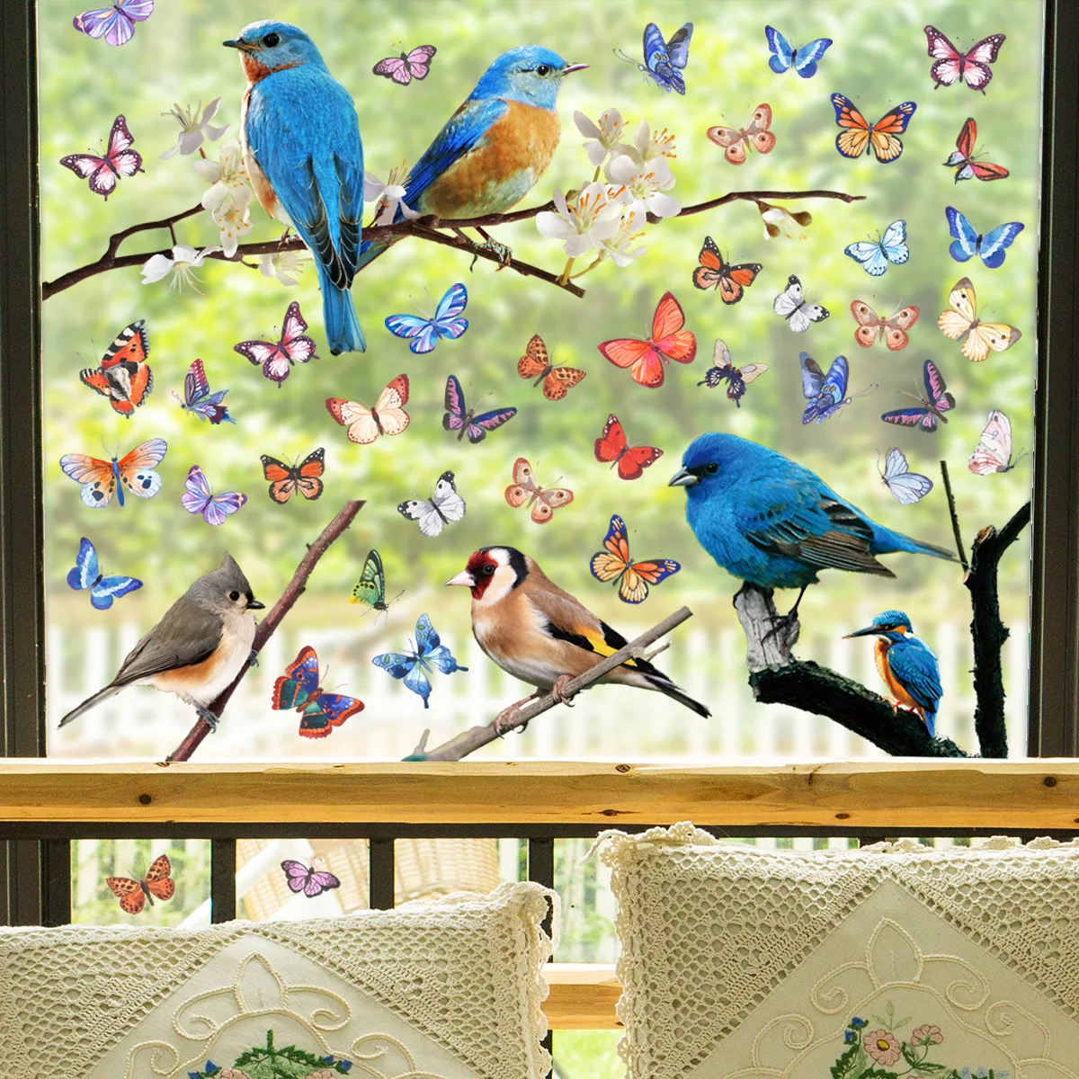 

Colorful Branches Birds Butterfly Glass Stickers Window Proportions Window Decoration Wall Stickers No Glue Double-sided Visual