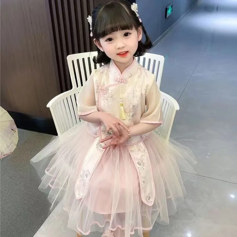 Chinese Traditional Pink Green Hanfu Dress for Girls Satin Floral Print Short Sleeve Top Mesh Double Layer Skirt Children Hanfu
Chinese Traditional Pink Green Hanfu Dress for Girls Satin Floral Print Short Sleeve Top Mesh Double Layer Skirt Children Hanfu
