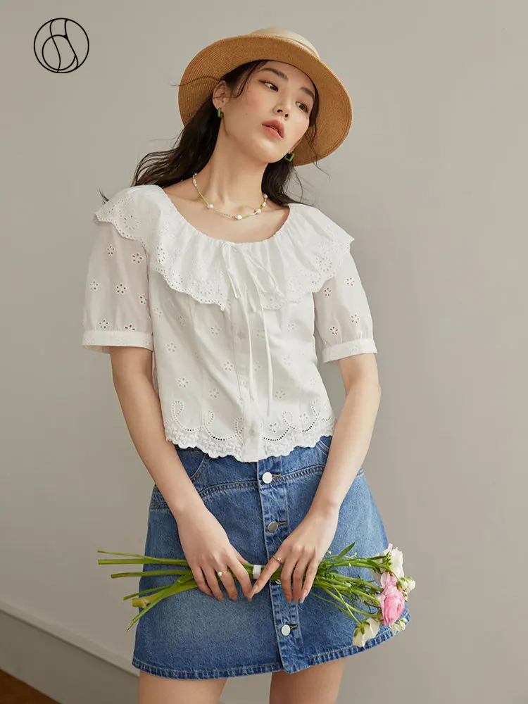 

DUSHU 100% Cotton White Blouses Peter Pan Collar Women Sweet Solid Shirts Embroidered Design Cropped Summer Women Shirt