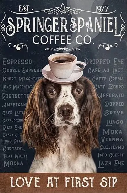 Funny Springer Spaniel Coffee Vintage Metal Tin Sign Wall Decor Poster Retro Aluminum Sign Home Family Courtyard Coffee Decor
Funny Springer Spaniel Coffee Vintage Metal Tin Sign Wall Decor Poster Retro Aluminum Sign Home Family Courtyard Coffee Decor