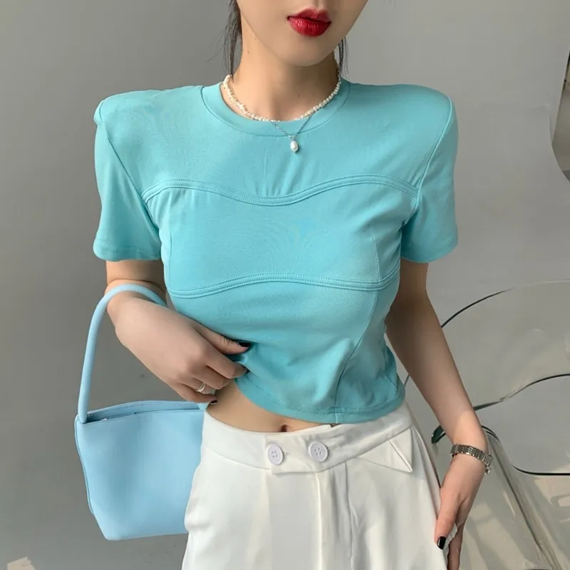 Fashion Crop Tops Women Casual O-Neck Slim Stretch High Street Solid Color Shoulder Pad Short Sleeve T-shirts Female Tshirt Sexy
Fashion Crop Tops Women Casual O-Neck Slim Stretch High Street Solid Color Shoulder Pad Short Sleeve T-shirts Female Tshirt Sexy