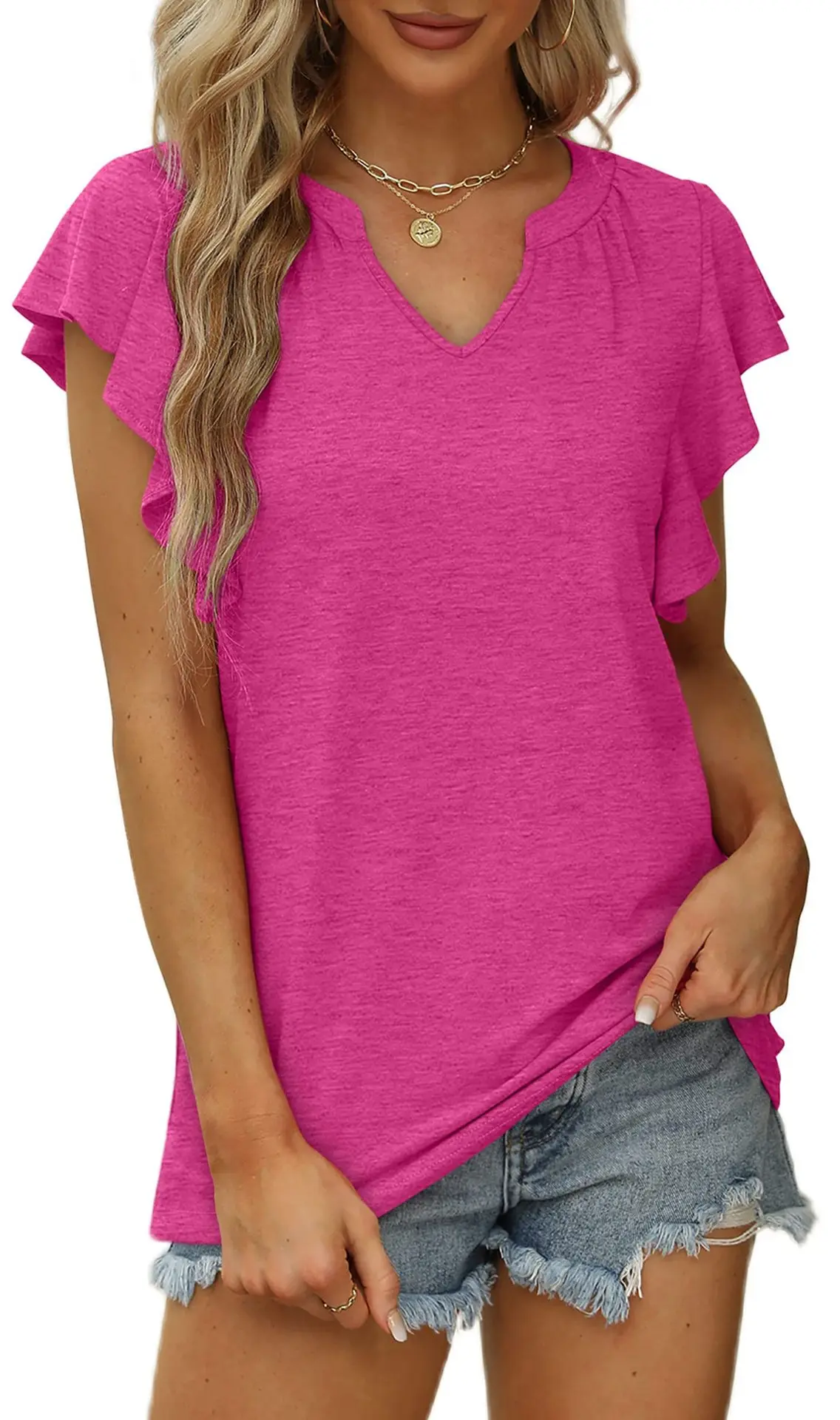 2023 Summer New Solid Color T-shirt Sweet Fashion Loose Elegant Ruffle Sleeve Tops Casual Print V-Neck Commuter Pullover Top
2023 Summer New Solid Color T-shirt Sweet Fashion Loose Elegant Ruffle Sleeve Tops Casual Print V-Neck Commuter Pullover Top