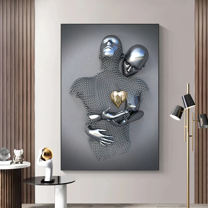 Metal Grid Statue Love Hugging Couple Heart Canvas Poster Prints Silver Gray Abstract Art Modern Figure Painting for Home Decor
Metal Grid Statue Love Hugging Couple Heart Canvas Poster Prints Silver Gray Abstract Art Modern Figure Painting for Home Decor