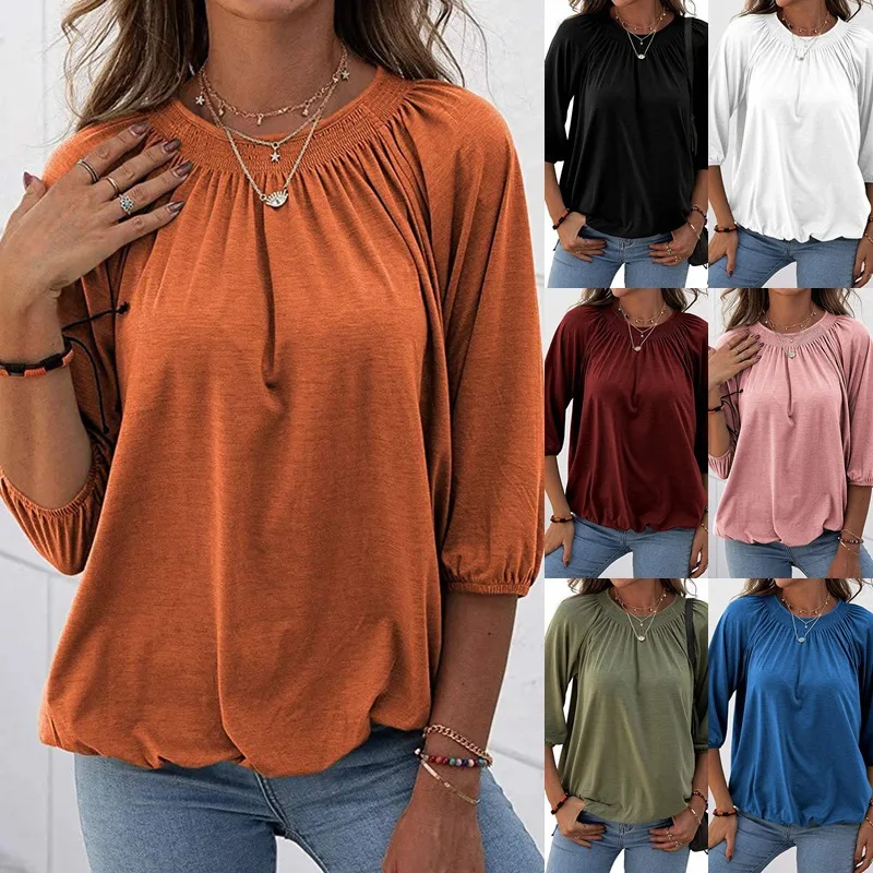 

2023 Summer Pullover O-neck Loose 3/4 Sleeve T-shirt Casual Tops Beach Fashion Women Clothes