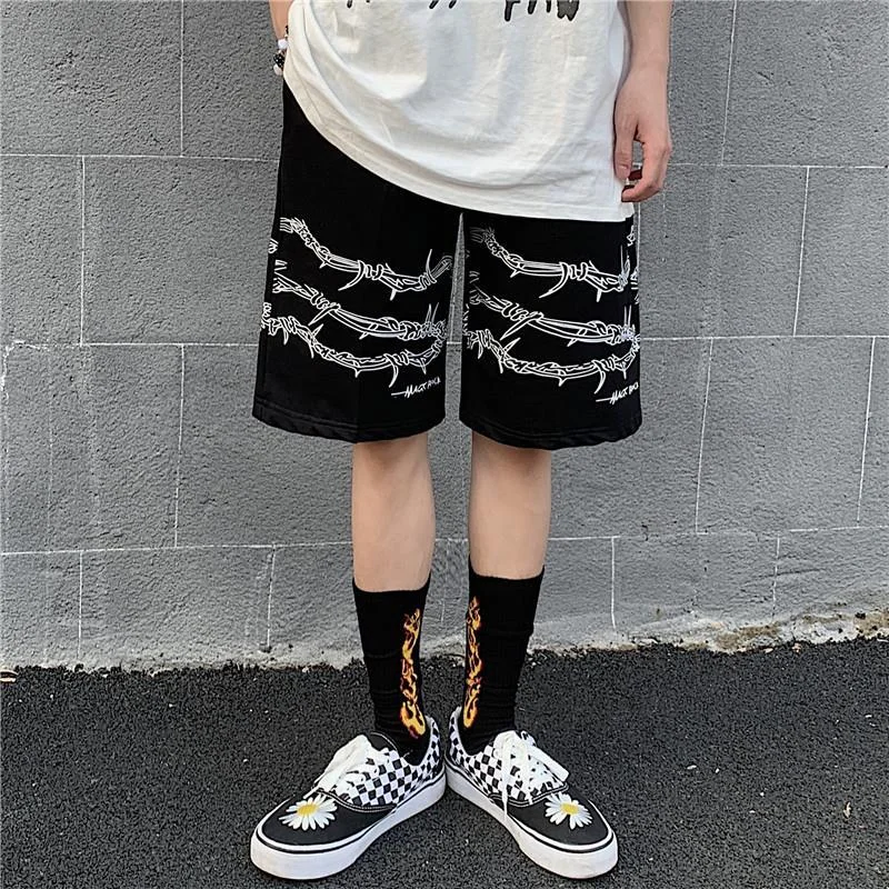 

Harajuku Men Shorts Streetwear Iron Chain Pattern Jogger Shorts Women Men Summer Loose Elastic Waist Hip Hop Skateboard Shorts