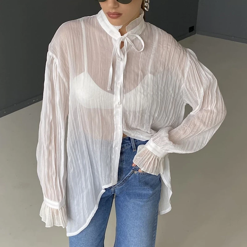 Women Female See-Through Shirt Top White Casual Shirt Ladies Long Sleeves Bow Tie High Collar Button Closure Blouse
Women Female See-Through Shirt Top White Casual Shirt Ladies Long Sleeves Bow Tie High Collar Button Closure Blouse