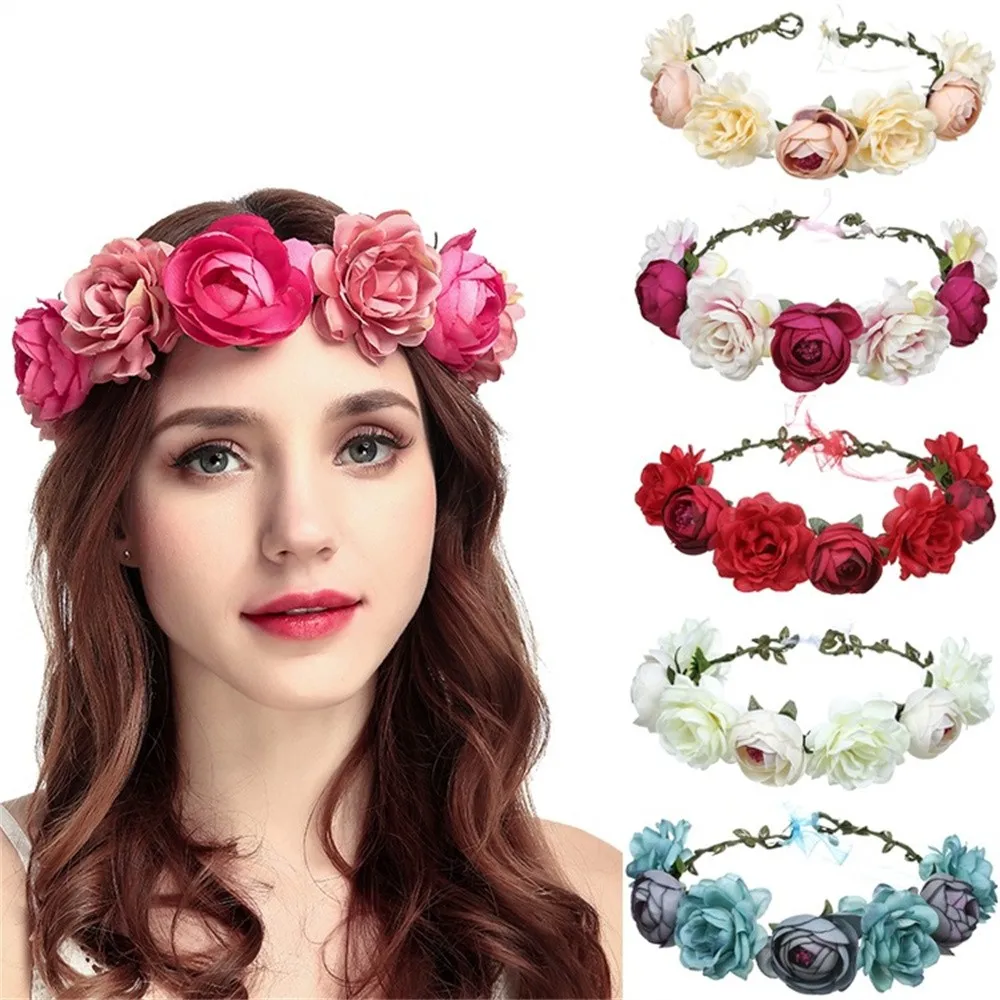 

Женский обруч для волос с цветами, повязка на голову с цветами розы и лентой, ручная работа, свадебная гирлянда, головной убор