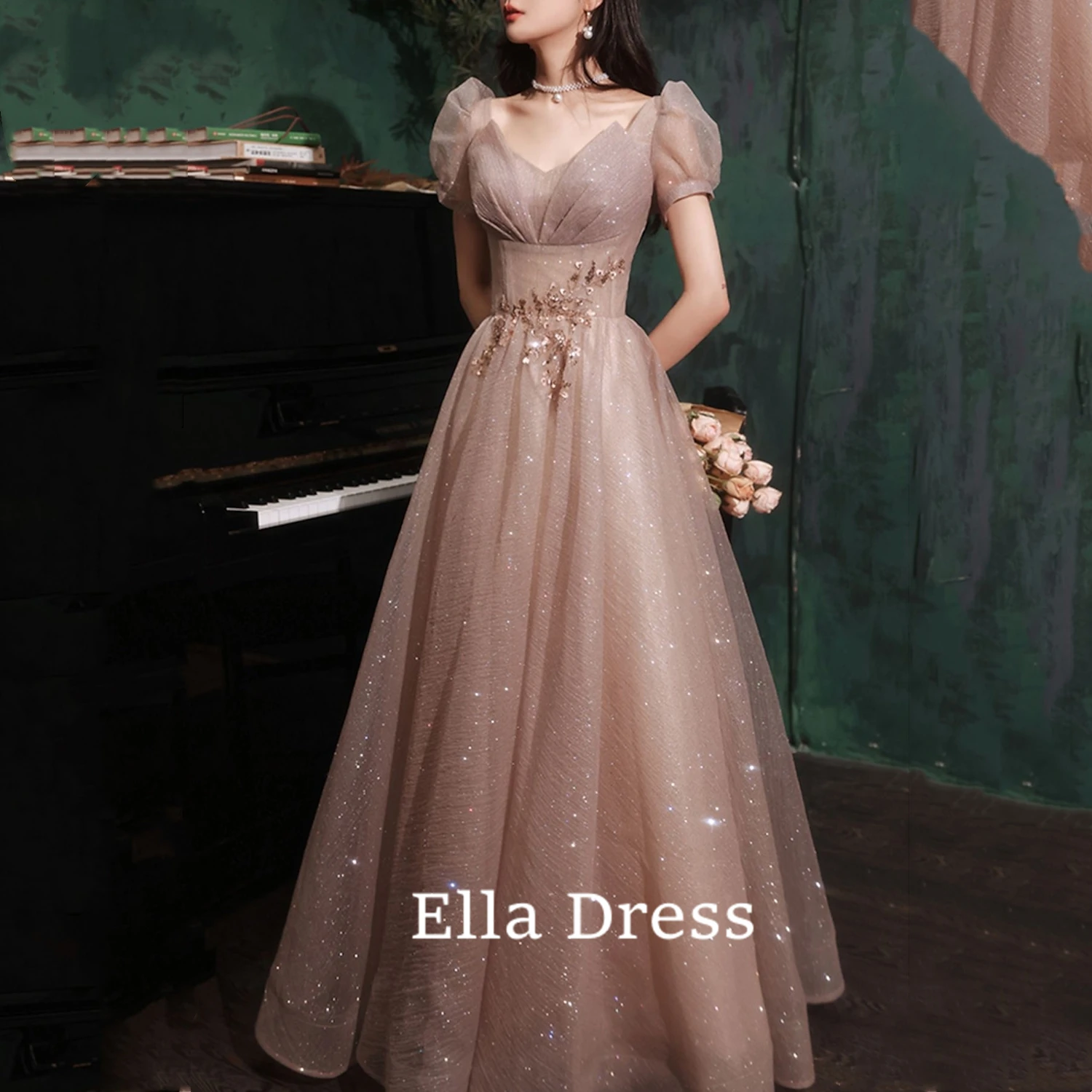 

Ella A Line Prom Dress Sparkle & Shine Prom Valentine's Day Floor Length Short Sleeve V Neck Tulle With Sequins 2023 Ball Gown