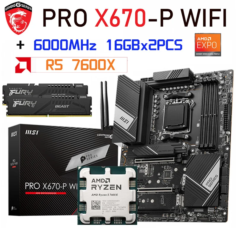 Материнская плата MSI PRO X670-P WIFI DDR5 материнская плата AMD X670 Socket AM5 с AMD Ryzan 5 7600X CPU Suit + Kingston RAM DDR5 6000 МГц 32 Гб
Материнская плата MSI PRO X670-P WIFI DDR5 материнская плата AMD X670 Socket AM5 с AMD Ryzan 5 7600X CPU Suit + Kingston RAM DDR5 6000 МГц 32 Гб