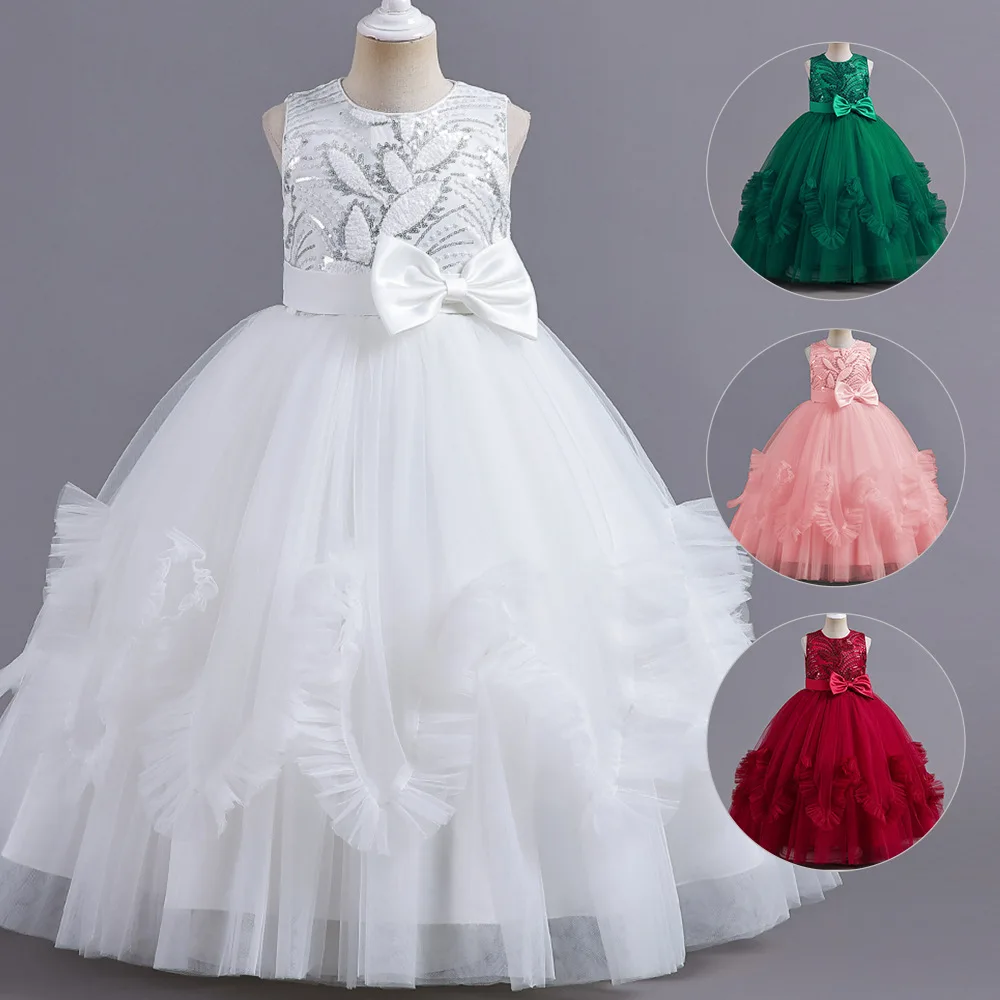 

ELBCOS 4-14T Kid Girls Leaf Sequin Solid Color No-Sleeve Bowknot Wrinkle Skirt Piano Organza Costumes Evening Full Dress
