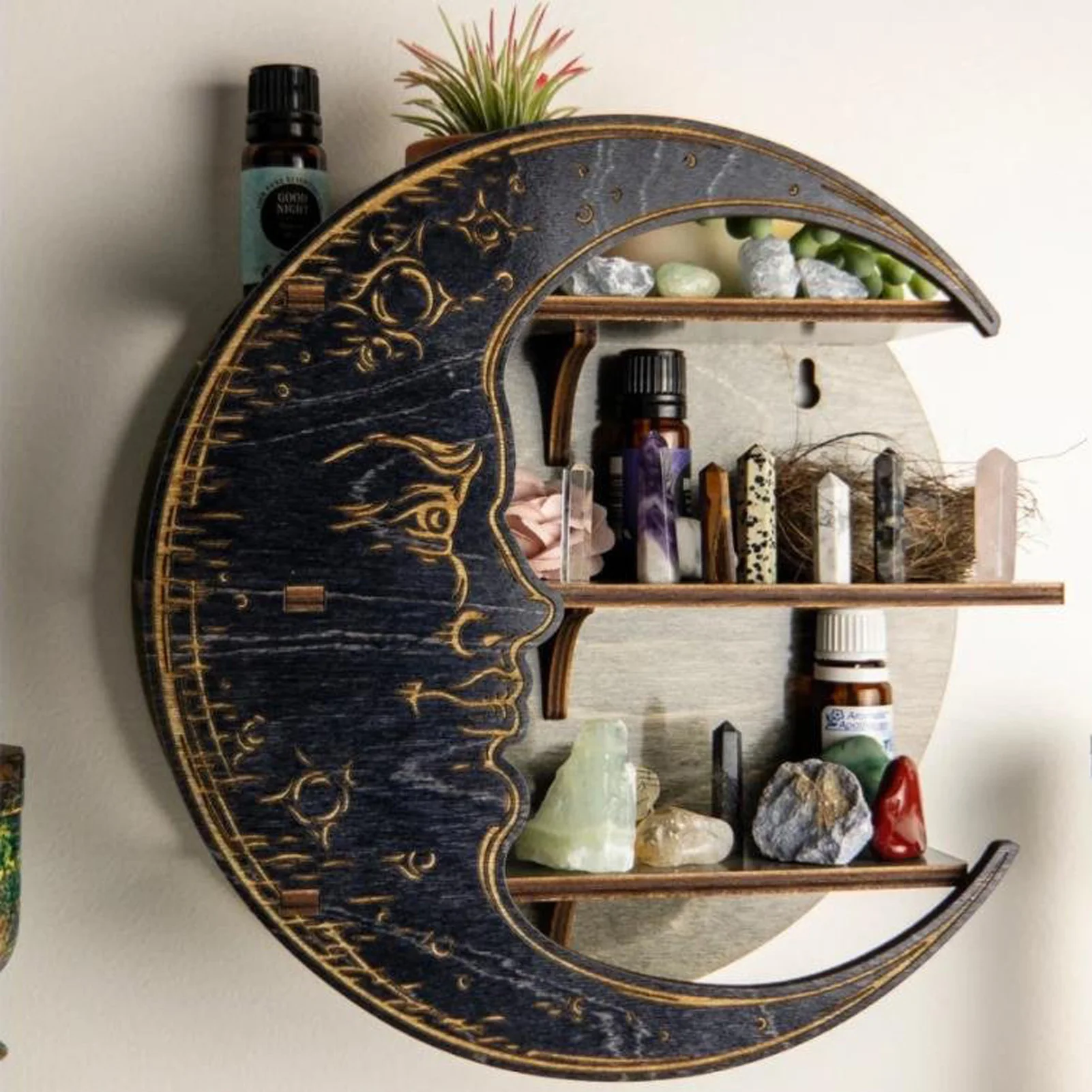 Wall-mounted Moon Crystal Shelf Wooden Essential Oil Storage Rack for Muslim Home Living Room Decorations Rustic Display Rack
Wall-mounted Moon Crystal Shelf Wooden Essential Oil Storage Rack for Muslim Home Living Room Decorations Rustic Display Rack