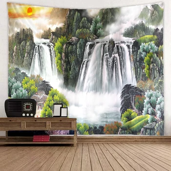 Natural landscape tapestry Mountain waterfall bird day flower wall hanging home decoration background