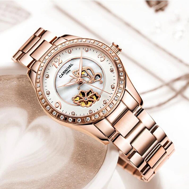 CARNIVAL Butterfly Pattern Automatic Mechanical Women Watch Luxury Diamond Rose Gold Watch Relogio Feminino Ladies For Clock
CARNIVAL Butterfly Pattern Automatic Mechanical Women Watch Luxury Diamond Rose Gold Watch Relogio Feminino Ladies For Clock