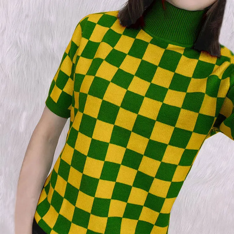 Spring and summer half a turtleneck sweater dress choli grid color matching short-sleeved t-shirts, knitwear
Spring and summer half a turtleneck sweater dress choli grid color matching short-sleeved t-shirts, knitwear