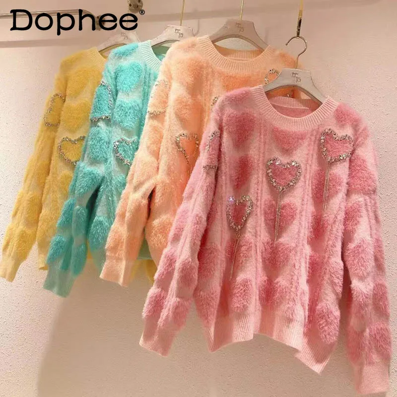 Exquisite Rhinestone Tassel Heart Knitted Sweater for Women Mink Fur Thick Warm Pink Sweater Pullover 2022 Autumn Winter Clothes
Exquisite Rhinestone Tassel Heart Knitted Sweater for Women Mink Fur Thick Warm Pink Sweater Pullover 2022 Autumn Winter Clothes