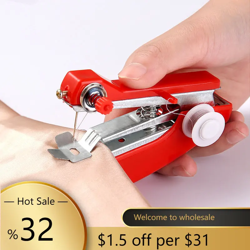 

Red Mini Sewing Machines Needlework Cordless Hand-Held Clothes Useful Portable Sewing Machines Handwork Tools Accessories