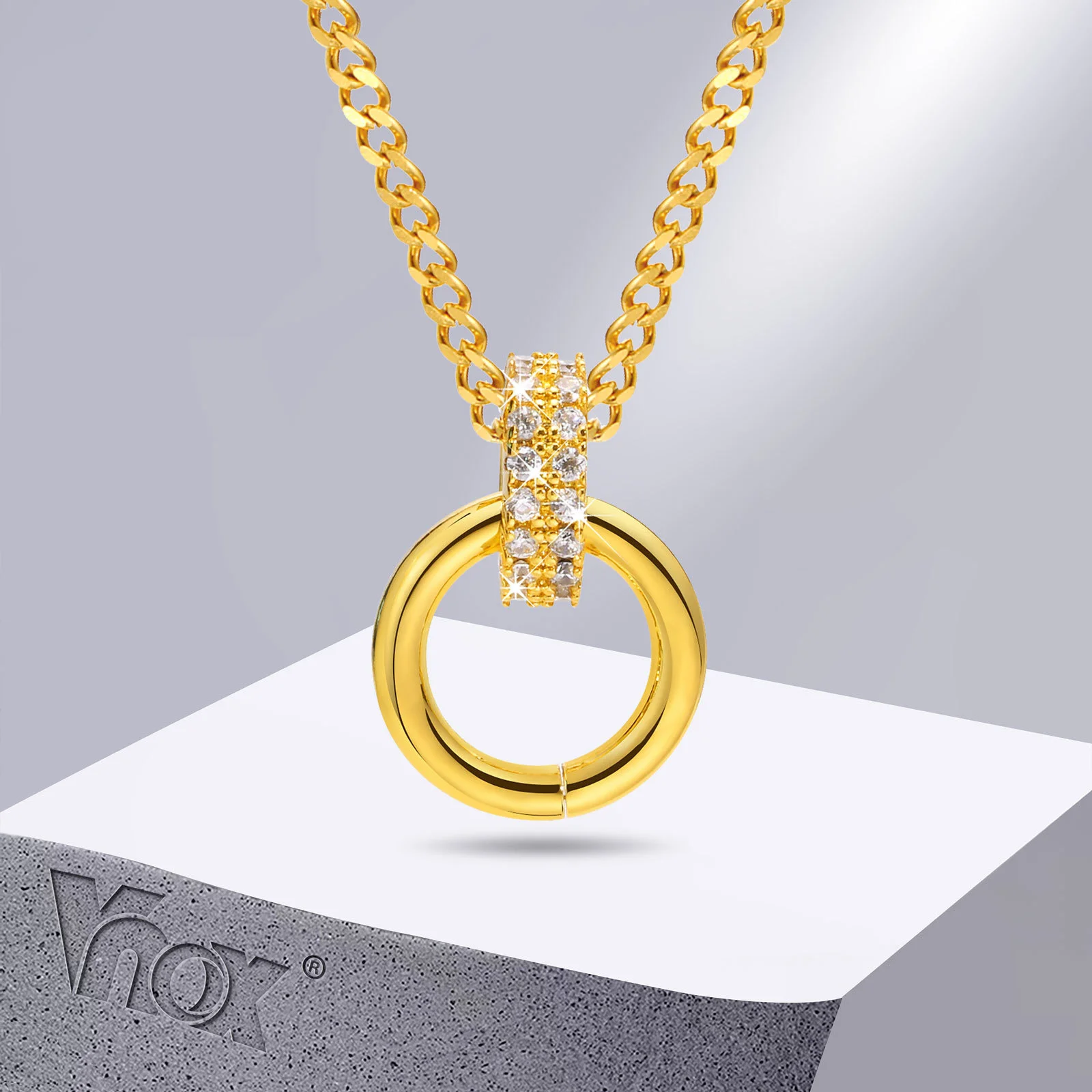 

Vnox Interlocked Circle Necklaces for Women, Gold Color Circle with Bling AAA CZ Stones Pendant, Lucky Neck Collar