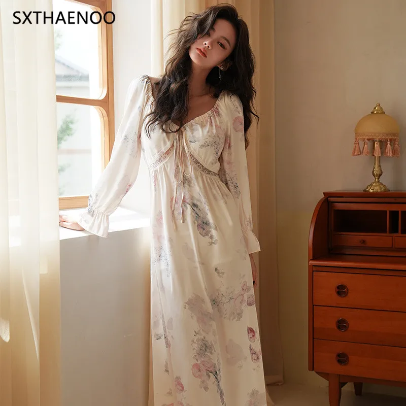 

SXTHAENOO New French Long-Sleeved Ice Silk Sleepwear Nightdress Apricot Flower Lace Pajamas Night Wears For Women пижама женская