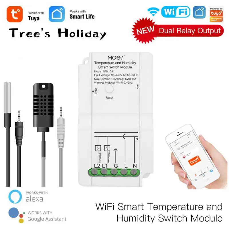 Tuya WiFi Smart Temperature Humidity Switch Module Sensor Dual Relay Output Wireless Controller Work With Alexa Google Home
Tuya WiFi Smart Temperature Humidity Switch Module Sensor Dual Relay Output Wireless Controller Work With Alexa Google Home