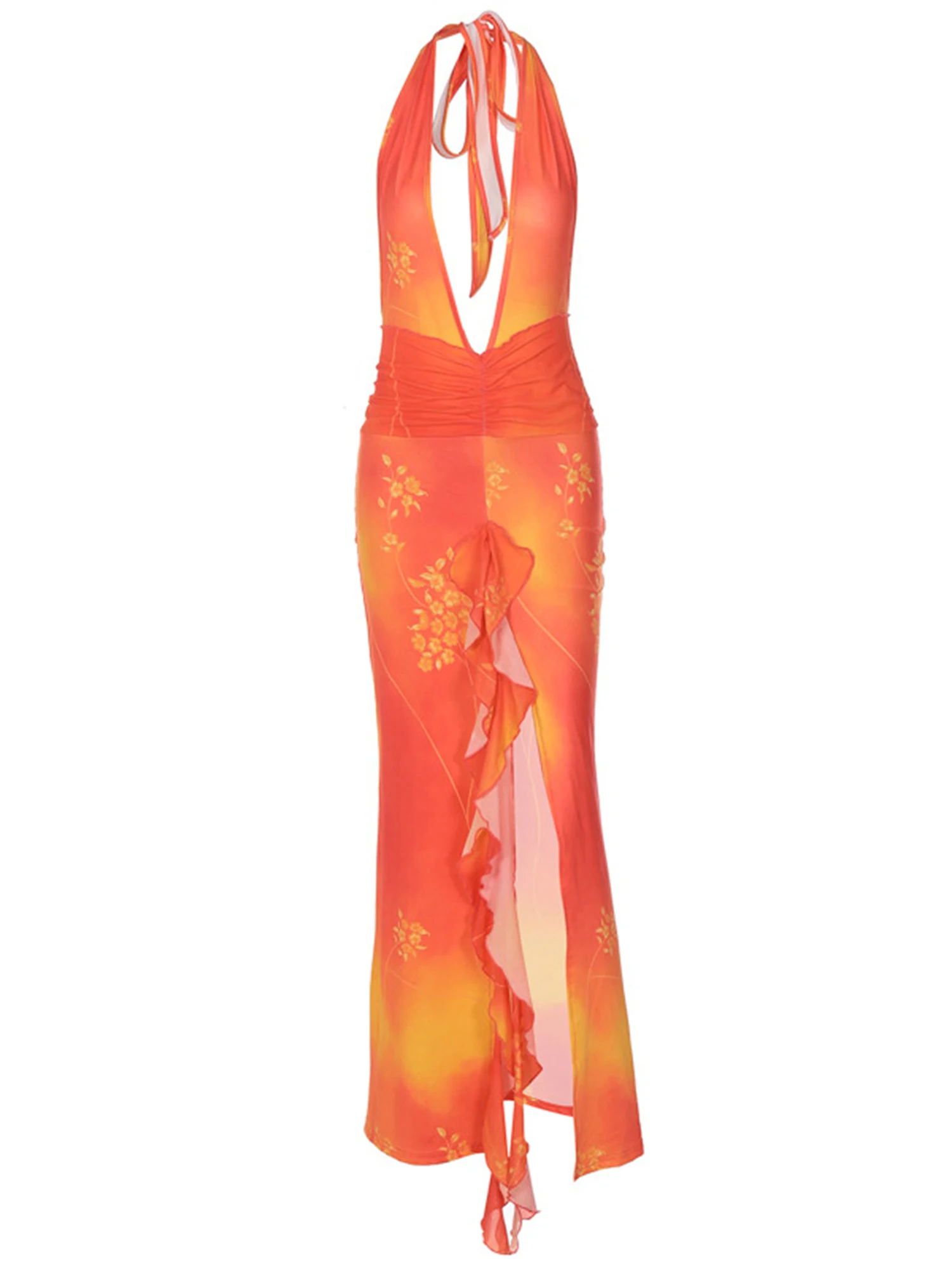 

Women s Floral Print Sleeveless Halterneck Backless Maxi Dress with Ruffled Slit - Elegant Beachwear for a Stylish Look