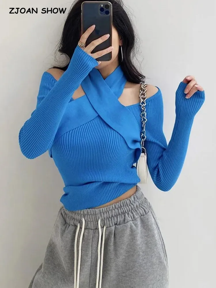 2022 Women Plain Blue Knitting Rib Halter Sweater Retro High Stretch Slim Pullover Knitwear Off Shoulder Long sleeve Jumper Tops
2022 Women Plain Blue Knitting Rib Halter Sweater Retro High Stretch Slim Pullover Knitwear Off Shoulder Long sleeve Jumper Tops