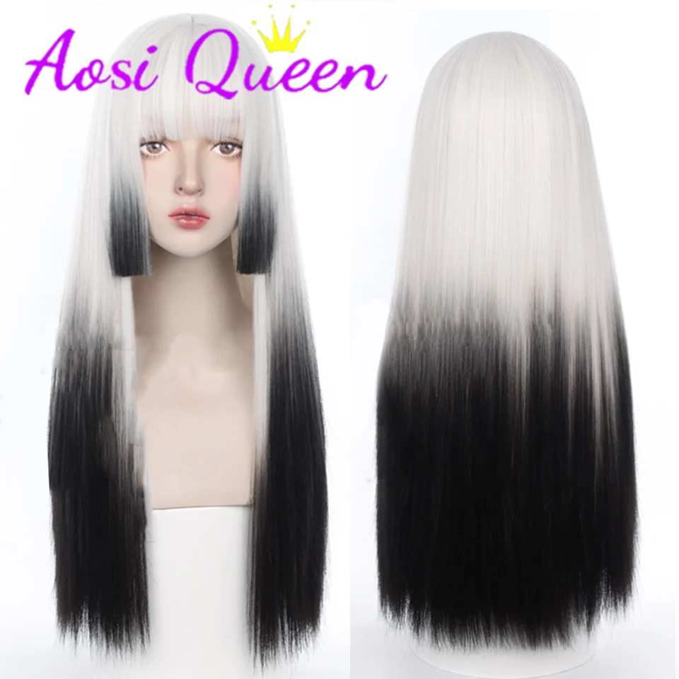 

AS Long Wavy black and white gradient Synthetic Wig With Fluffy Bang Women Natural Heat Resistant Fiber Hair Wig