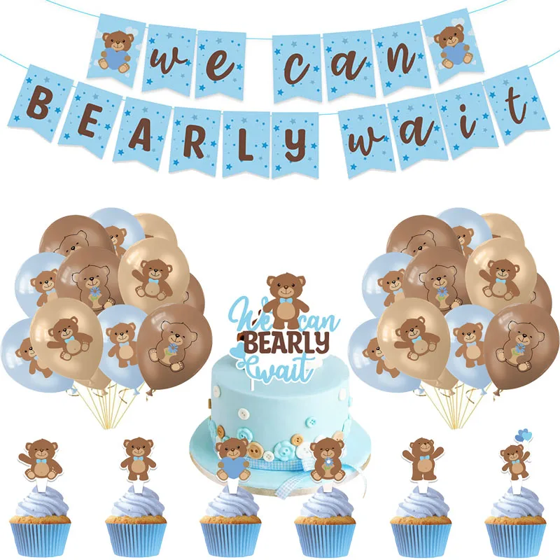 

Teddy Bear Blue Theme Birthday Party Decoration Supplies Pull Flag Flower Cake Insert Row Balloon Baby Shower Prop Girl Kid Gift