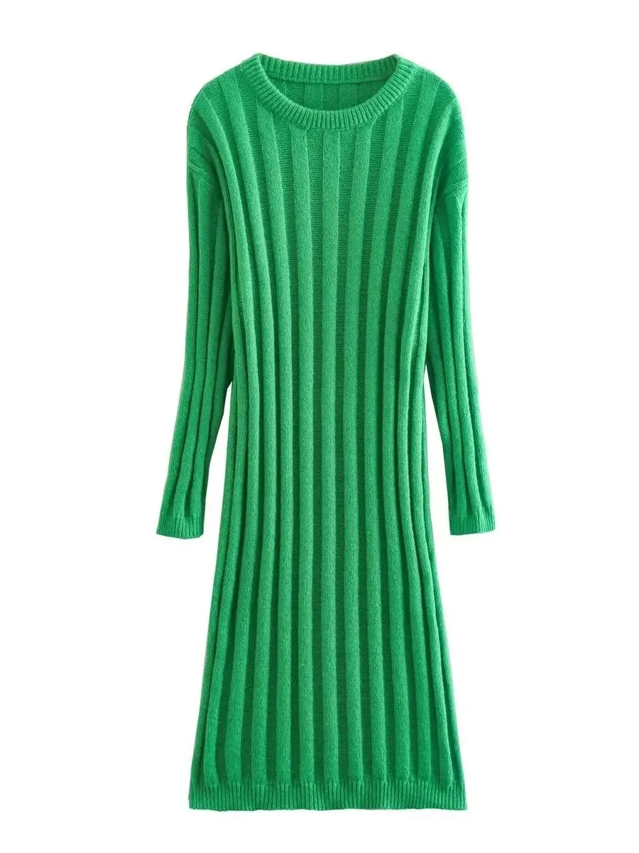 

Women's Green Knitted Round Neck Long Sleeve Stretch Knitted Dress with Waist-cinching Design British Style for Spring Autumn