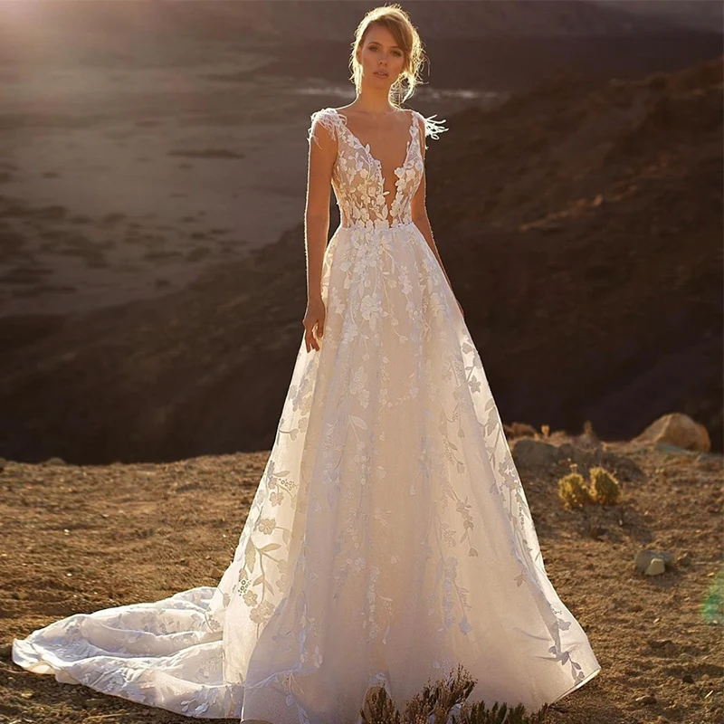 

QUEEN Gorgeous 2023 A-Line Sheer Neck Feathers Wedding Dresses Lace Appliques Backless Sweep Train Bride Gown Vestidos De Noiva