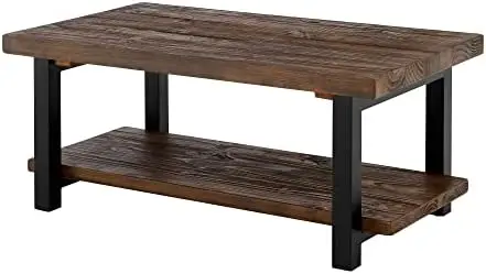 

Деревенский промышленный современный винтажный журнальный столик из металла и массива дерева, простой в сборке, 42 дюйма x 24 дюйма x 18 дюймов, коричневый