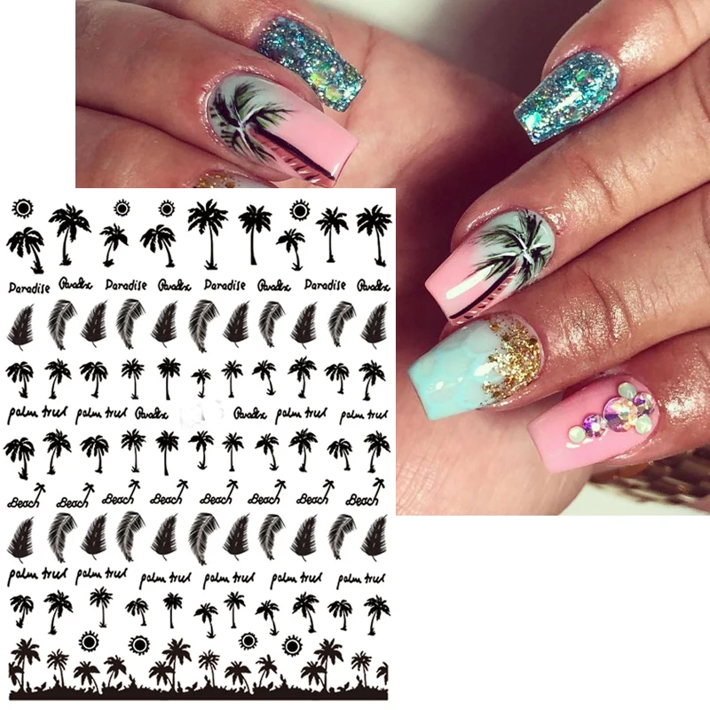 Stickers for Nails Summer Coconut Tree Nail Sticker Designer Leaf Art Decorations Wraps Polish |