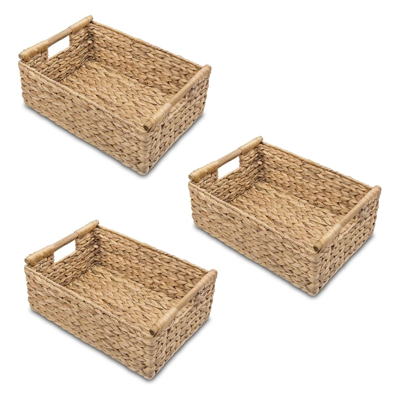 

3X маленькие плетеные корзины для ванной, гиацинтовые корзины для хранения, плетеная корзина для хранения с деревянной ручкой