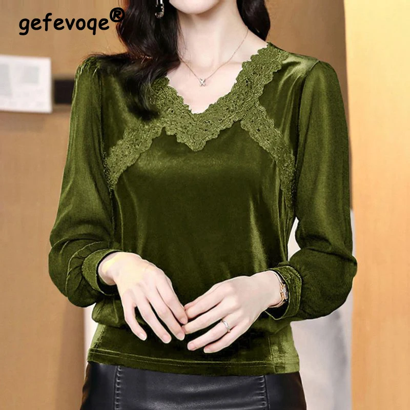 Autumn Winter Elegant Vintage V-neck Lace Patchwork Loose All Match T Shirt Women Casual Solid Long Sleeve Ladies Tops Clothing
Autumn Winter Elegant Vintage V-neck Lace Patchwork Loose All Match T Shirt Women Casual Solid Long Sleeve Ladies Tops Clothing