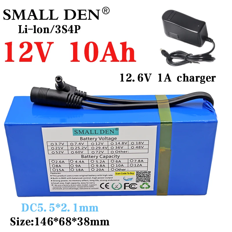 12V 10Ah 18650 3S4P lithium battery pack 12V street light LED light spare battery portable battery 12V device +12.6V 1A charger
12V 10Ah 18650 3S4P lithium battery pack 12V street light LED light spare battery portable battery 12V device +12.6V 1A charger