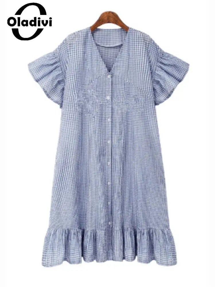 

Oladivi XL-5XL Women Fashion Plaid Dress Ruffle Sleeve Short Sleeve V-Neck Casual Loose Shirt Dresses Female Vestidios Robe 865