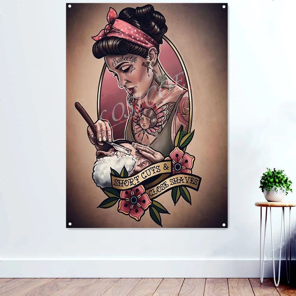 SHORH CUTS & CLOSE SHAVES Tattoo Art Tapestry Wall Hanging Flag With four Metal Buckles Banner Barber Shop Wall Decor Painting
SHORH CUTS & CLOSE SHAVES Tattoo Art Tapestry Wall Hanging Flag With four Metal Buckles Banner Barber Shop Wall Decor Painting