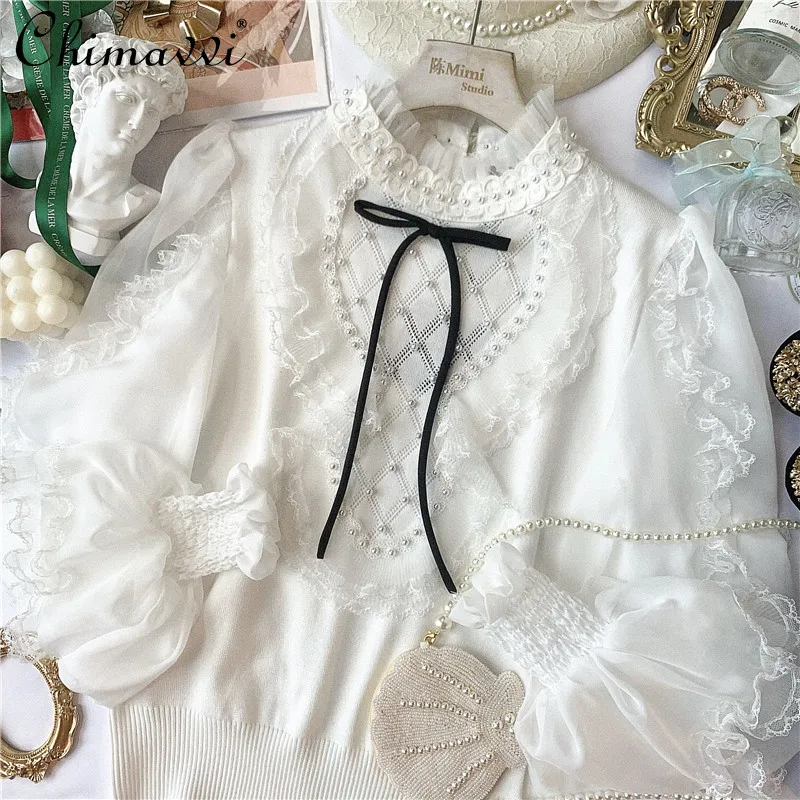 French Elegant Palace Style Sweet Sweater Feminine 2022 Spring Clothes New Fashion Bead Lotus Leaf Lace Splicing Knitwear Women
French Elegant Palace Style Sweet Sweater Feminine 2022 Spring Clothes New Fashion Bead Lotus Leaf Lace Splicing Knitwear Women