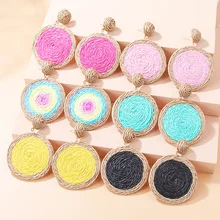 New Summer Color Hand-woven Raffia Earrings Europe and The United States Exaggerated Round Woven Rattan Earpiece Women