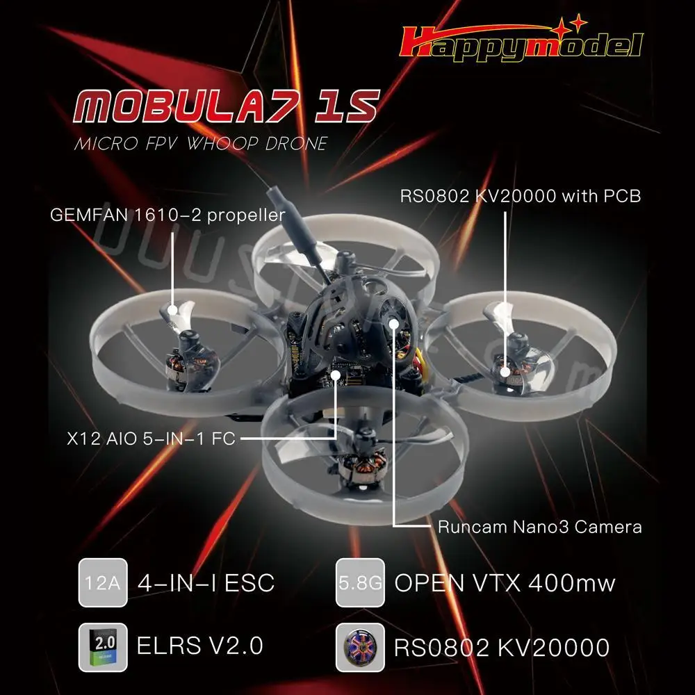 Happymodel Mobula7 1S X12 5in1 AIO Flight Controller BLHELIS 12A OPENVTX 400mW Runcam Nano3 RS0802 KV20000 1S 75mm FPV Tinywhoop
Happymodel Mobula7 1S X12 5in1 AIO Flight Controller BLHELIS 12A OPENVTX 400mW Runcam Nano3 RS0802 KV20000 1S 75mm FPV Tinywhoop