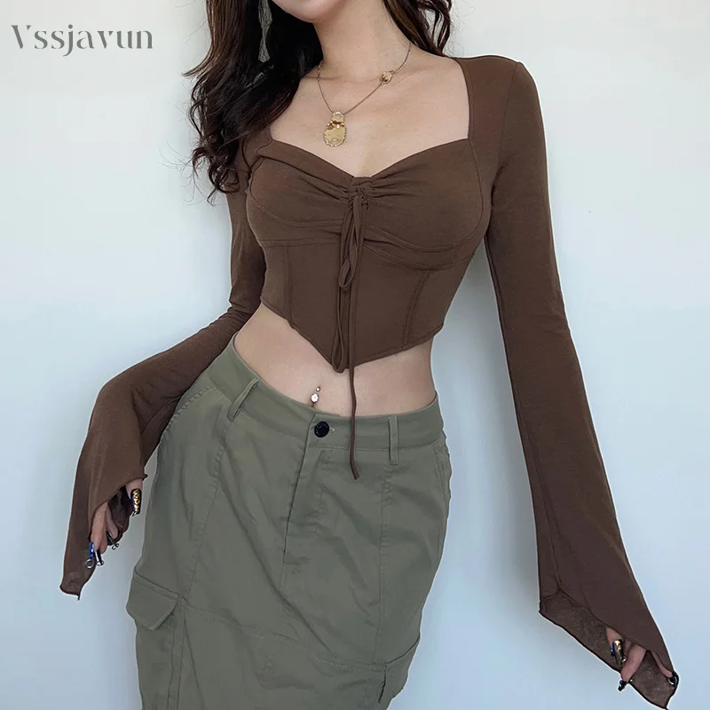 Vssjavun Fishbone Skinny Crop Top Women Spring Summer Vintage Flare Sleeve Drawstring Sexy T Shirt American Retro Y2K Tee
Vssjavun Fishbone Skinny Crop Top Women Spring Summer Vintage Flare Sleeve Drawstring Sexy T Shirt American Retro Y2K Tee