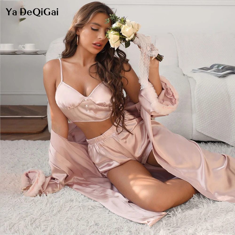 Satin Sleepwear Silk Suit Womens Soft Pajamas Gown Set Nighties Wear Home Nightwear Nightdress Robe+suspenders+short Pants Suit
Satin Sleepwear Silk Suit Womens Soft Pajamas Gown Set Nighties Wear Home Nightwear Nightdress Robe+suspenders+short Pants Suit
