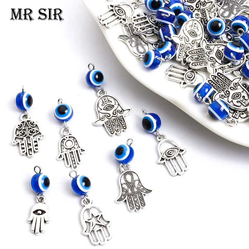 

10pcs Hamsa Hand Blue Turkish Evil Eye Charms Amulet Evil Nazar Eye Lucky Pendant For Jewelry Make Necklace Earring Keychain DIY