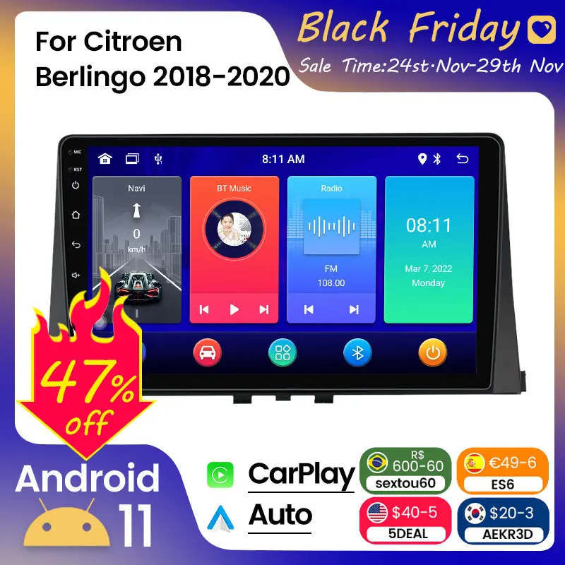 Автомагнитола для Citroen Berlingo 2 B9 2018 - 2020 Android 11 8G 128G 2DIN мультимедийный плеер Carplay + Авто WIFI 4G DSP RDS BT 
Автомагнитола для Citroen Berlingo 2 B9 2018 - 2020 Android 11 8G 128G 2DIN мультимедийный плеер Carplay + Авто WIFI 4G DSP RDS BT