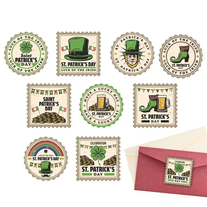 

St Patrick Day Stickers Four Leaf Clover Envelope Stickers Multifunctional 9PCS Wine Bottle Label Stickers For Festival Supplies