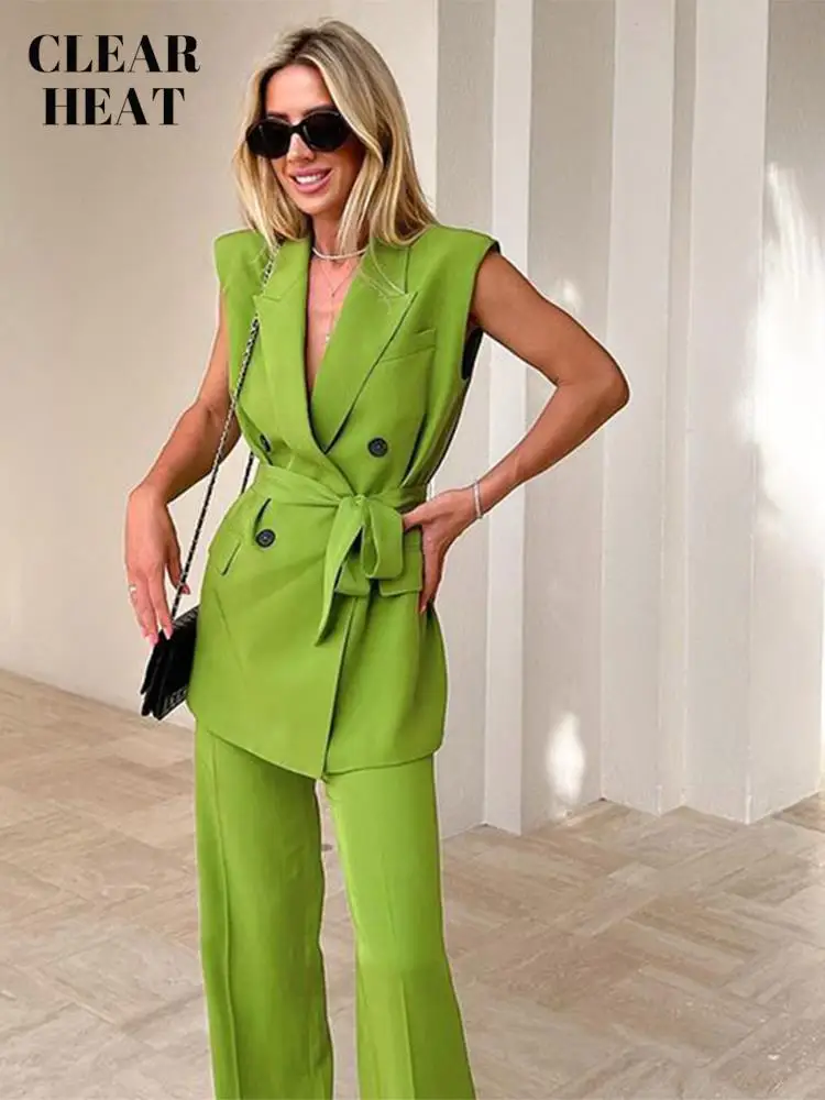 Women Elegant Solid Sleeveless Lapel Blazer Trouser 2 Pieces Set High Waist Wide Straight Suits Summer Streetwear Female Outfit
Women Elegant Solid Sleeveless Lapel Blazer Trouser 2 Pieces Set High Waist Wide Straight Suits Summer Streetwear Female Outfit