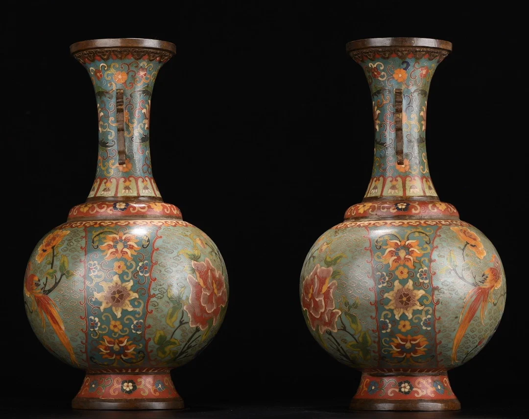 15" Chinese Folk Collection Old Bronze Cloisonne Enamel Phoenix Peony binaural vase a Pair Ornament Town House Exorcism
15" Chinese Folk Collection Old Bronze Cloisonne Enamel Phoenix Peony binaural vase a Pair Ornament Town House Exorcism