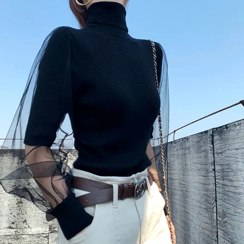Autumn Winter Knitting Black Long Sleeve T-Shirt Turtleneck Sweater Chic Female Lace Mesh Patchwork Tulle Slim
Autumn Winter Knitting Black Long Sleeve T-Shirt Turtleneck Sweater Chic Female Lace Mesh Patchwork Tulle Slim