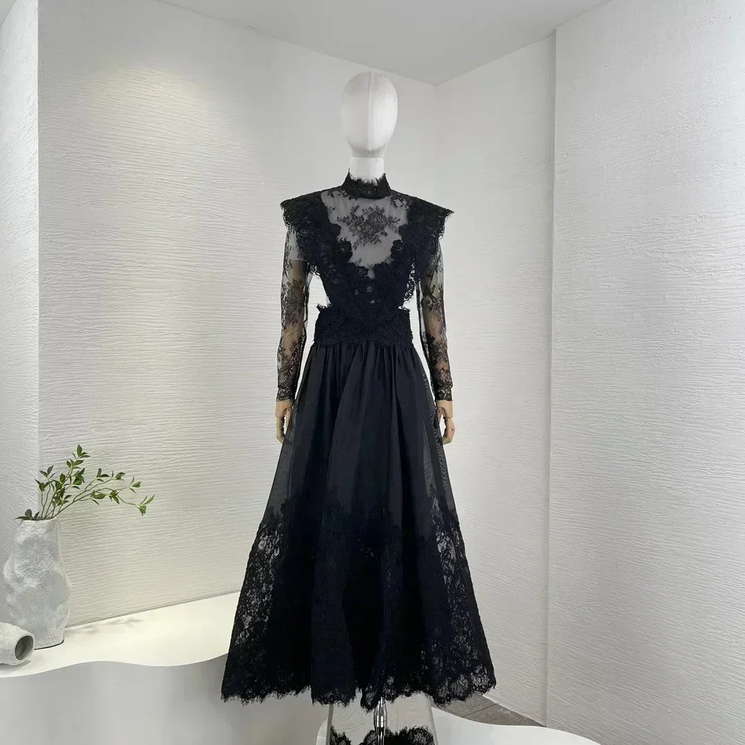 Lace Luxury 2023 New Collection Elegant Silk Linen High Quality Black Long Sleeve Backless Patchwork Women Midi Dress
Lace Luxury 2023 New Collection Elegant Silk Linen High Quality Black Long Sleeve Backless Patchwork Women Midi Dress